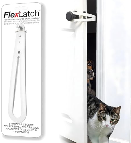 FlexLatch Cat Door Holder Latch - Bright White Cat Door Alternative Installs Fast Flex Latch Strap Let's Cats in and Keeps Dogs Out of Litter & Food. Safe Baby Proof One Piece No Measuring Extra Easy