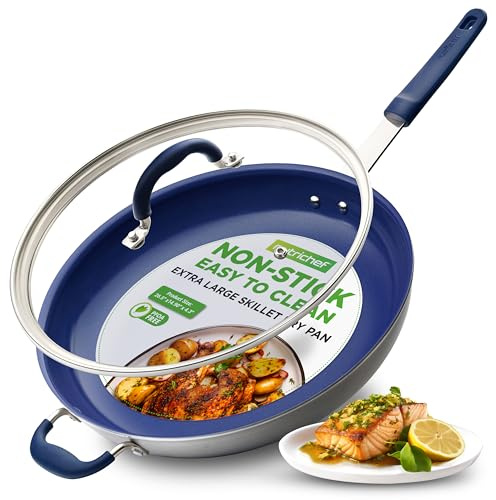 NutriChef 14 Fry Pan With Lid - Extra Large Skillet Nonstick Frying Pan with Silicone Handle, Ceramic Coating, Blue Silicone Handle, Stain-Resistant And Easy To Clean, Professional Home Cookware
