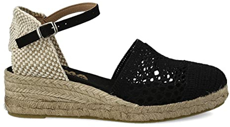 PAYMA - Sandalias Cuñas Bajas de Esparto de Mujer de Crochet. Hechas en España. Esparteras Tacón 3 o 5 Cuerdas. Planta Acolchada en Tela. Hebilla al Tobillo o Cintas. Color: Negro, Talla: EU 40