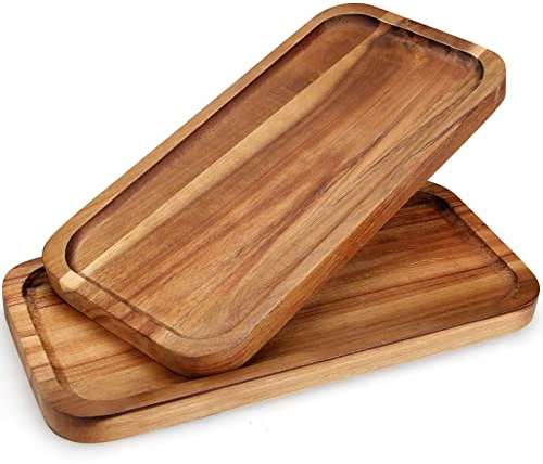 2 Pcs Rectangular Serving Platters for Food Dish Party Wooden Charcuterie Boards 14 x 7 Acacia Wood Trays for Kitchen Counter Decor Rectangle Dessert Plates Cheese Board Snack Appetizer Platter