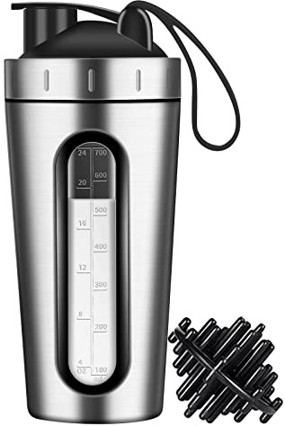 Protein-Shaker-Flasche, 800 ml Shaker-Flaschen für Proteinmischungen und Pre-Workout, sichtbares Fenster, Edelstahl-Shaker-Flasche auslaufsicher und BPA-frei (Silber)