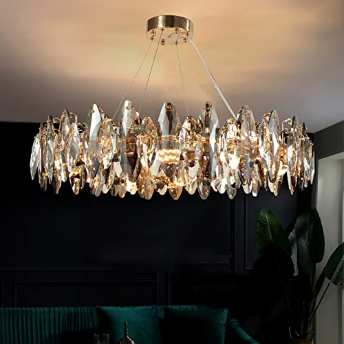 AHXIAOZN Modern LED Kristall Kronleuchter Luxus,Funkelnder Eiförmiger Kristall Deckenleuchte Gold,9xE14 Wohnzimmer Pendelleuchte,8-Flammig