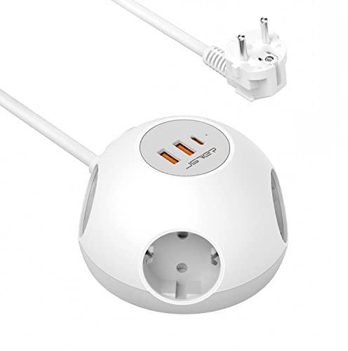 JSVER Regleta con USB,Hemisferio Regleta Enchufes 3680W con 2 USB Smart Station de Carga y 1 PD 20W USB C y Interruptor con Cable 1,5m para Viajes en Casa-Blanco