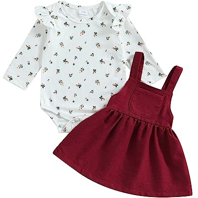 Vioyavo Completo Neonata Bambina Invernale Vestiti della neonata Tuta Stampa Natalizia a Maniche Lunghe + Gonna a Bretelle Scozzese Tuta (Rosa, 0-3 Months)