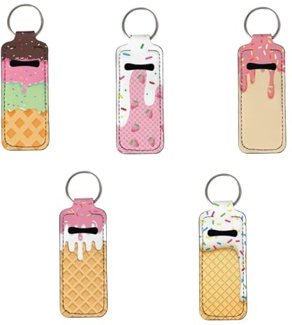PCSJRKG Clip-on Lip Blam Holder Sleeves Ice Cream, Cute Chapstick Holder Keychain, 5 Packs Lip Balm Pocket with 5 Keyring for Women Girls
