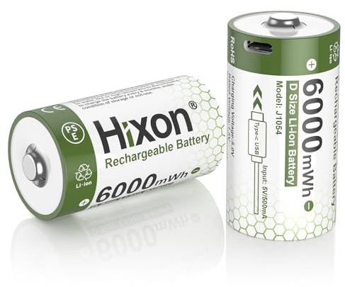 Hixon Wiederaufladbare Lithium D Akku, 2 Pack 1,5V Li-Ion D Akku mit 2-in-1 USB-C-Ladekabel, 6000mWh Wiederaufladbarer Lithium D Batterien für Gasherd, Taschenlampe, Flutlicht und Warmwasserbereiter