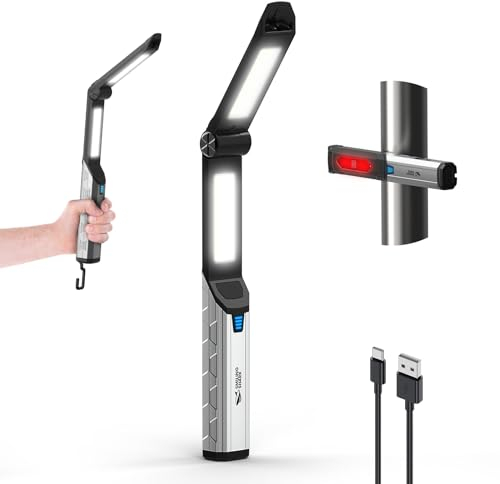 Smiling Shark Werkstattlampe, LED Arbeitsleuchte Wiederaufladbar Faltbar mit Haken und Magnethalter 4 Leuchtmodi Weißes & Rotes Licht Werkstatt-Lampe für Männer Auto Reparatur Garage Werkstatt Camping