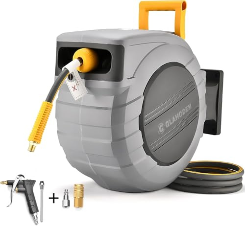 GLAHODEN Retractable Air Hose Reel, 3/8 in x 100 Ft Hybrid Hose Air Compressor Hose Reel with 6 Ft Lead in Max 300 PSI Patented Design for Any Length Lock 180°Swivel Bracket Quick Coupler