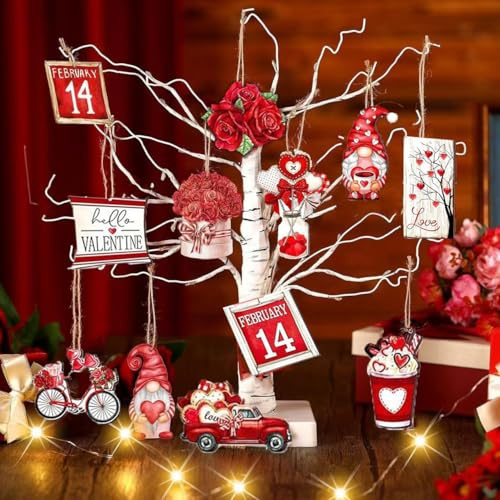 24pcs Red Valentines Hanging Ornaments - Heart Rose Cake Cars Balloons Dwarf Letter Valentines Day Decorations for Hanging Indoor Outdoor House Tree Decorations
