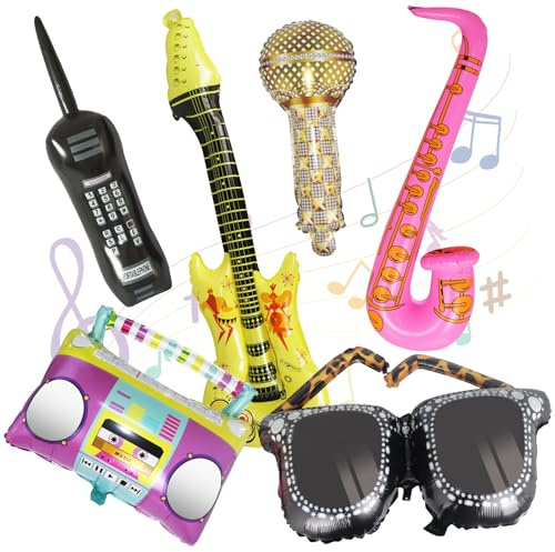 6Pcs Photo Booth Props, Inflatable Party Props with Inflatabled Guitar Saxophone Sunglasses Microphone Radio Boombox, Inflatable Props Ballons for 70s 80s 90s Carnival Disco Themed Party Supplies
