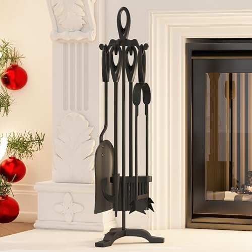 Kingson Set di 5 accessori per caminetto in ghisa nera, 19,5 x 17 x 61 cm, accessori per bruciatori a legna, kit di attrezzi per caminetto durevole