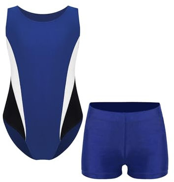 Xnihocha Jungen Kinder Turnanzug Ärmellos Gymnastikanzug Farbblock Ballettanzug mit Kurz Hosen Fitness Sportbody Traininganzug Navy blau 122-128