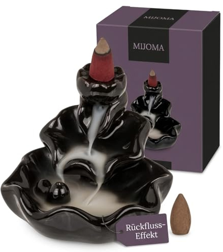 MIJOMA Returflödesrökelsehållare av svart keramik, vattenfallsrökelsekonhållare, rökelsebrännare, andlig rökelsebrännare, avkoppling och meditation (vattenfall, 9,5 x 10 cm)
