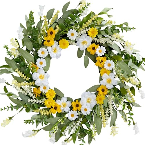 WSTPUPU Artificial Spring Wreath 22 Inch Spring Wreaths for Front Door Summer Wreath with White Yellow Daisy Lavender and Green Leaves for Wall Porch Farmhouse Party Easter Celebration