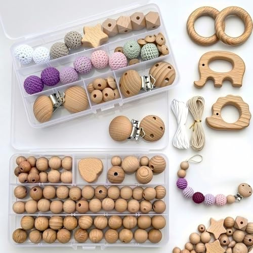 Artlatu Set di 115 perline in legno macramè, 102 perline in legno, 12 pezzi, 20 mm, 4 clip in legno, 20 m, per fai da te, fai da te, artigianato, macramè