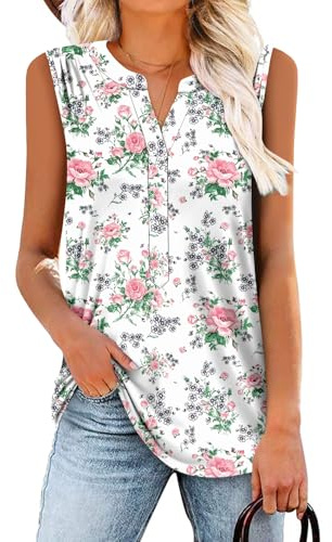 Magritta Blouses for Women UK Sleeveless Vest Tops Plus Size T Shirts Casual V Neck Cute Work Clothes Ladies Summer Tops Dressy Floral White Large, 16-18