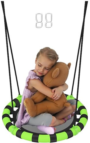 AIYAPLAY Kids Nest Swing Seat, Hanging Set with Height Adjustable Ropes for Kids, 60cm Diameter Round Saucer Swing Chair for Outdoor, Garden, Black/Green