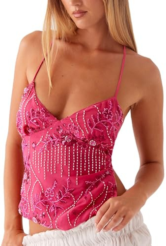 Moollyfox sommartoppar Y2K dam – nackhållare crop toppar med paljetter, glittrande blommönster och pärldekoration – sexig rygglös topp, camisole top