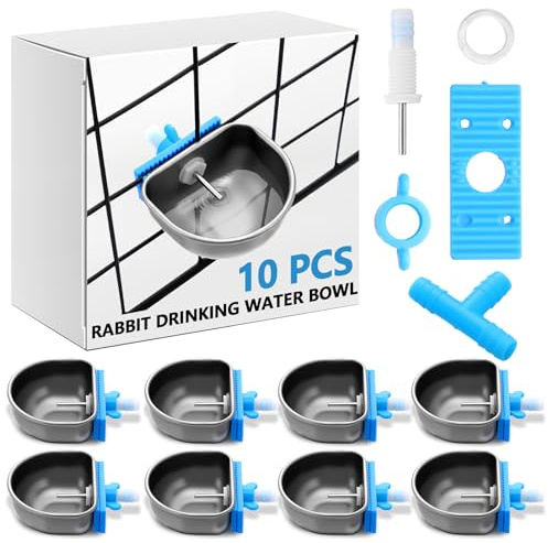 Potchen 10 Pcs Rabbit Water Bowls Nipple Drinker 2.56 x 2.36 x 1.18 Inch 304 Stainless Steel Rabbit Breeding Drinking Waterer Removable Hanging Bunny Water Bowl for for Cages Small Animals