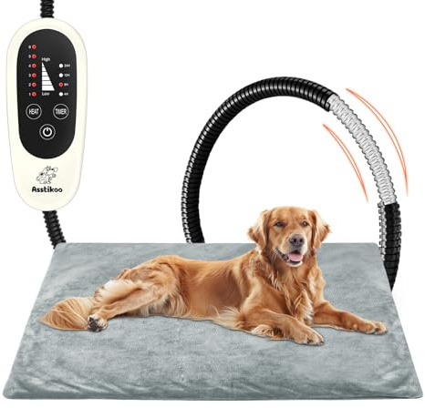 Asstikoo Tappetino Riscaldante per Cani Gatti, Tappeto Riscaldante per Animali Domestici con 4 Timer& 6 Livelli Temperatura 30-55℃, Coperta Termica Gatto Cani Anti-Morso Impermeabile (XL - 90X60cm)