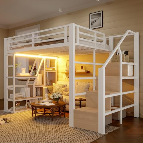 Huayz - Cama alta (140 x 200 cm, metal, con escalera y protección anticaída, cama alta para niños con LED, compartimento de almacenamiento, espacio de almacenamiento abierto debajo de la cama, marco