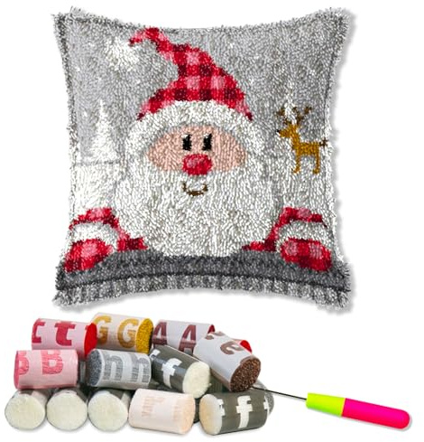 LAPATAIN Latch Hook Kits for DIY Throw Pillow Cover,Santa Claus Needlework Cushion Cover Hand Craft Crochet for Great Family 17x17inch