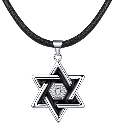 REIOT Collier étoile de David pour Homme, Pendentif étoile Juive Hexagonale Avec Chaîne en Corde Cirée, Cadeau de Bijoux Amulette Religieuse