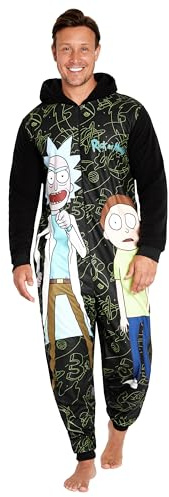 RICK AND MORTY Combinaison Pyjama Homme Hiver, Grenouillère Adulte en Polaire Humoristique, Onesie Adulte Humour (Noir/Multi, L)