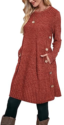 Aokosor Jumper Dress for Women Casual Dress Ladies Long Sleeve Long Dress with Pockets Side Buttons Tunic Tops Caramel Size 18-20, XL