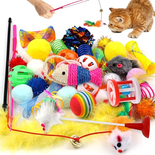 QUOZUO Cat Toys Kitten Toys Assortments, 32 Packs Interactive Cat Toy Variety Pack for Kitty, Cat Wand Toy, Cat Crinkle Balls Bell Balls with Bells, Cat Spring Toy, Catnip Toys for Indoor Cats Kitten