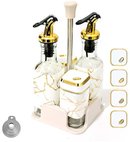 SAEIV Olivenöl Flasche Essig und Olflaschen Set (5-Teiliges Set), Salzstreuer mit Drehbarem Deckel aus Edelstahl für Mehr Auslaufmöglichkeiten, Ol und Essigspender mit Auslaufsicherem Design