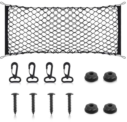 Molain Filet de cargaison, filet de rangement robuste 90 x 40 cm, maille en nylon, corde élastique avec 4 mousquetons, 4 crochets pour rangement intérieur de voiture, toit, bagages, coffre arrière,
