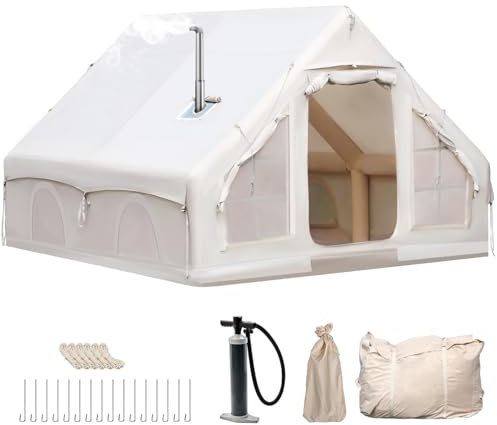 Aufblasbares Campingzelt mit Kaminöffnung & Dachfenster, Outdoor Zelt für 2-10 Personen mit Luftpumpe, Aufblasbares Zelt aus Wasserdichtem Oxford-Stoff für 4 Jahreszeiten, Schneller Aufbau Campingzelt