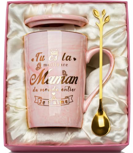 Cadeau Fete des Meres Cadeau Maman Tasse, Cadeau Anniversaire Maman Mug 400ml, Fete des Meres Maman Mug en Céramique Marbrée Cadeaux Maman, vec Cuillère, Carte de Vœux, Boîte Cadea-u Exquise