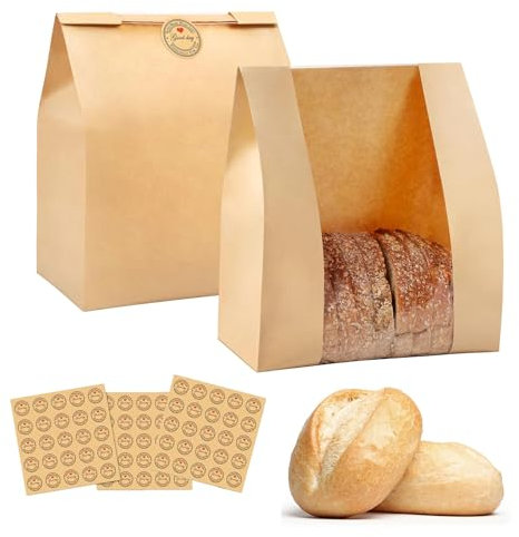 Paper Bread Bags for Homemade Bread, Sourdough Bread Bag with Window & Stickers, Brown Bakery Bags for Storage Bread Cookies & Snacks, Home Baking Packaging Storage,12.6 * 8.3 * 4 Iches (30)
