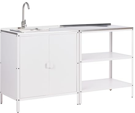 Beliani Conjunto de Cocina 2 Piezas de Exterior Acero Inoxidable Isla de Cocina y Armario con Fregadero Monomando Blanco Vilama