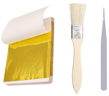 100 Pcs Gold Leaf Sheets, Edible Gold Leaf Kit with Brush Tweezer Edible for Cakes, Desserts, Chocolate, Furniture Decor, Craft, Face Masks, Nail Art, Gilding Art Supplies for Decorate