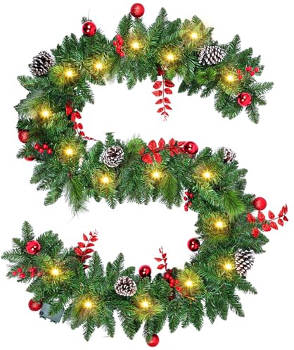 Guirlande Sapin 2,7 m, Decoration Noel Guirlande Noel Artificiel avec lumières 30 LED, Decoration Noel Exterieur ou Interieur avec Boules, pommes de pin et Baies Rouges pour Escaliers Cheminées Portes