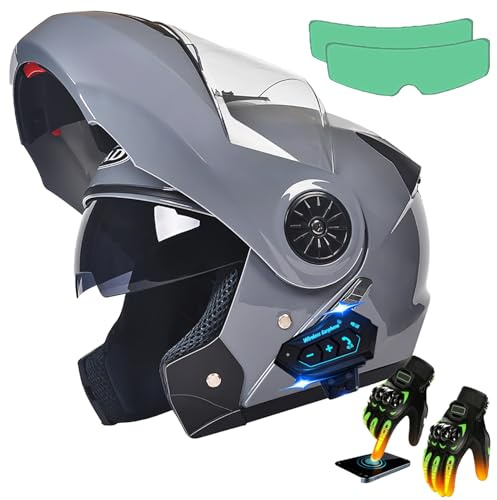 Casco Integrale Flip Up Con Bluetooth, Modulare Integrato Moto, Caschi Doppia Visiera, Per Uomo Donna Scooter Adulto DOT ECER22-05 G,Small