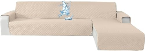 CYCMACO Vattentätt Hörnsoffskydd 4-Sitsig, Chaise Longue Sofa Med Armstöd, Universellt Sofföverdrag L-Form Halkfritt Quiltat, Soffskydd Peninsula Fläckavvisande (280cm, Beige)