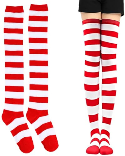 COYUN 1 Paires Chaussettes Hautes Rayées, Chaussettes longues en tricot, Femme Chaussette Haute Bas à Rayures Au-Dessus Du Genou pour Fête d'Halloween, Carnaval, Cosplay, costume, Rouge et blanc