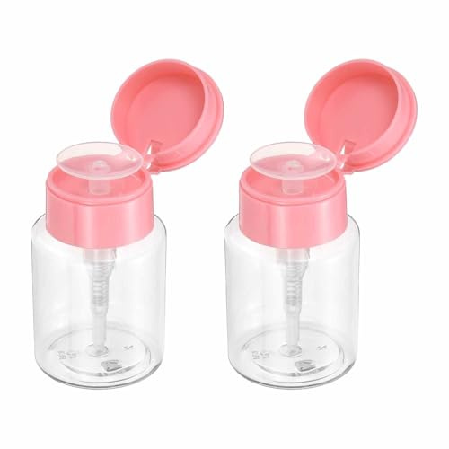 HARFINGTON 2pcs Push Down Pump Dispenser 3.5OZ (100ML) Plastic Nail Polish Remover Pumping Empty Bottle with Flat Flip Cap for Makeup Remover Alcohol Facial Toner, Pink