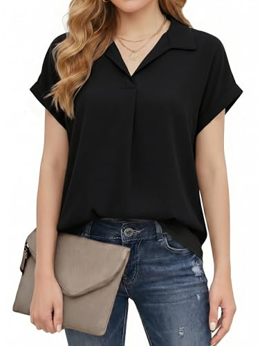 Enmain Blusa Mujer Manga Corta Verano Camisa Mujer Cuello V Chiffon Elegante Camiseta Trabajo Oficina Casual Camisas Color Sólido Tops con Solapa