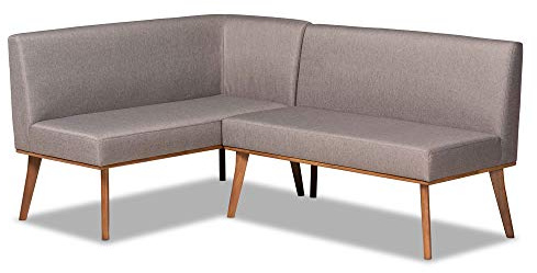 Baxton Studio Odessa Corner Sofa Bench Grey Fabric Upholstered and Walnut Brown Finished Wood 2-Piece Dining Corner Sofa Bench