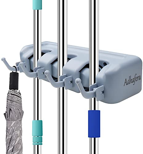 Adhafera Broom and Mop Holder Wall Mounted - Tidy Organizer With 3 Positions and 4 Hooks - Utility Room Storage Solutions for Garage, Garden, Kitchen Tools