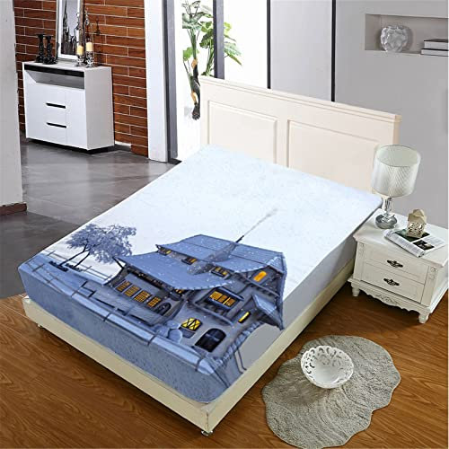 Oduo Spannbetttuch Weihnachten, Spannbetttücher für Boxspringbetten, Mikrofaser Spannbettlaken für Einzelbett Doppelbett - Spannbetttuch Steghöhe bis 27cm (Schneefeld,160x200cm)