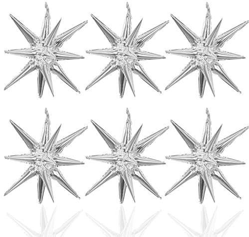 6 Pcs Silver Star Foil Balloons One-Piece 14-Pointed Star Balloon 4D Starburst Cone Mylar Balloon 22inch Christmas Birthday Wedding Wedding Anniversary Party Supplies(Silver)