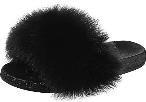 Dam Tofflor Fluffiga Luddiga Tofflor Fur Slide Slippers Schwarz 37-38 EU Etikettstorlek 36/37