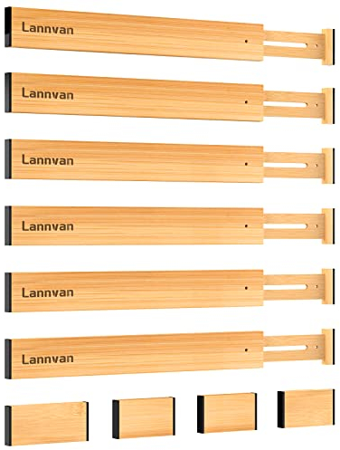 Lannvan Lot de 6 Séparateurs de Tiroir en Bambou, Separateur Tiroirs, Separateur Tiroir Cuisine, Organisateurs de Tiroir Réglables Pour Cuisine, Salle De Bain, Chambre, Bureau,42.8-56.3 cm, Naturel