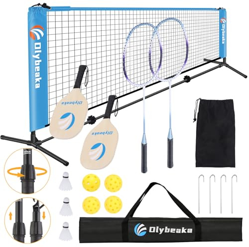 All-in-one Portable Badminton & Pickleball Net Set for Backyard Beach Driveway with Height Adjustable Poles, Durable Net, 2 Aluminum Badminton Rackets + 2 Pickleball Paddles
